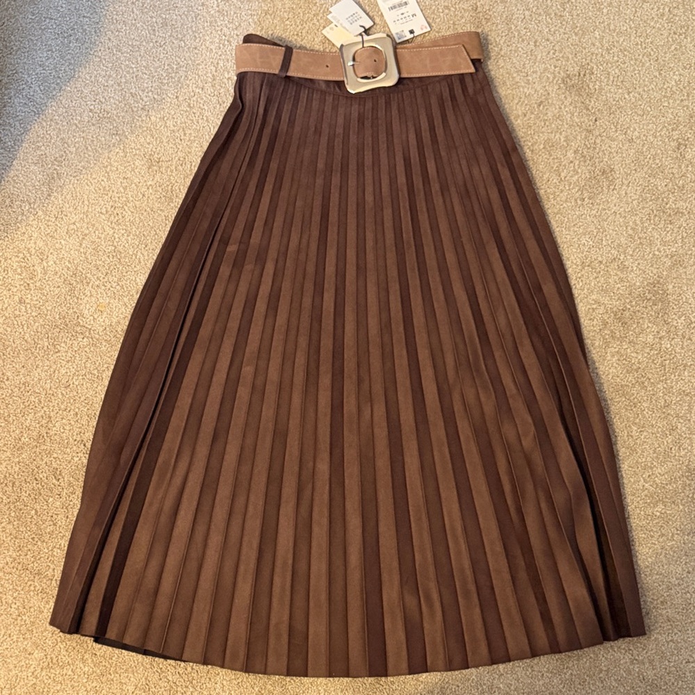 NWT Zara Brown Pleated Midi Skirt with Tan Belt